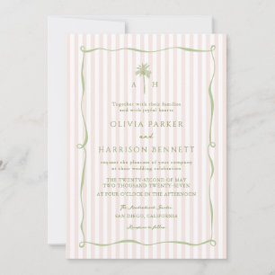 Pink Stripe Palm Tree Tropical Wedding Invitation