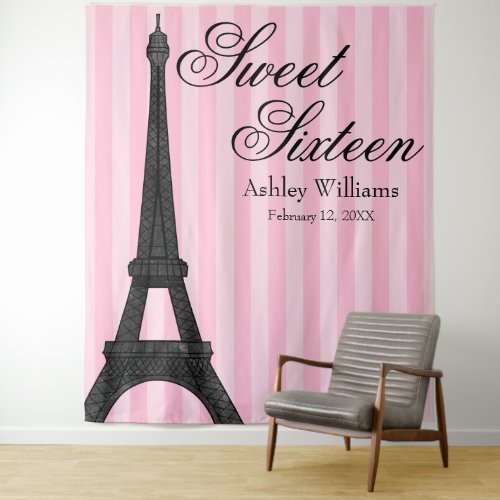 Pink Stripe Paris Themed Sweet 16 Backdrop