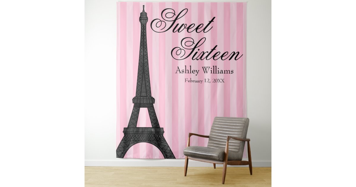 Pink Stripe Paris Themed Sweet 16 Backdrop Zazzle Com