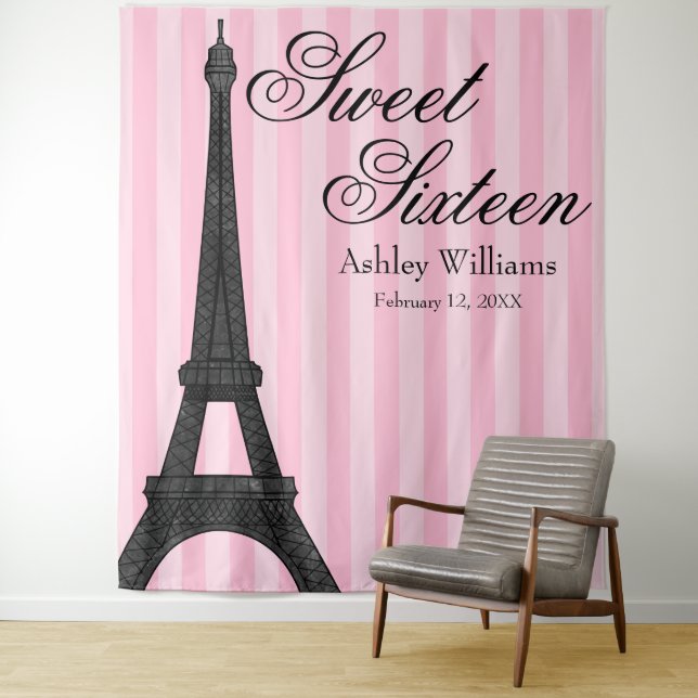 Pink Stripe Paris Themed Sweet 16 Backdrop (In Situ)