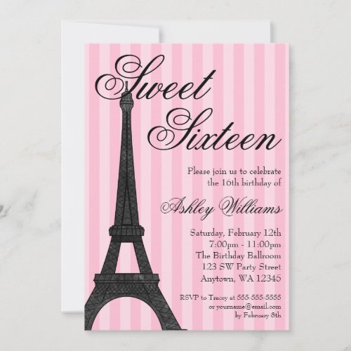 Pink Stripe Paris Themed Sweet 16 Birthday Personalized Invite