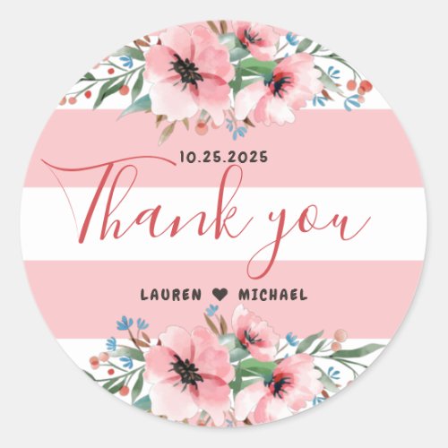 Pink Stripe Peony Flower Spring Floral Wedding Classic Round Sticker