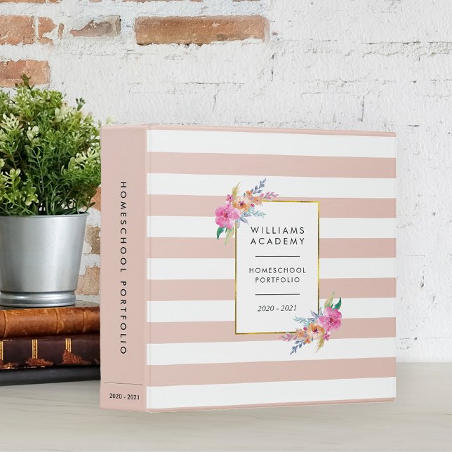 Pink Stripe Personalized Homeschool Portfolio 3 Ring Binder (Creator Uploaded)