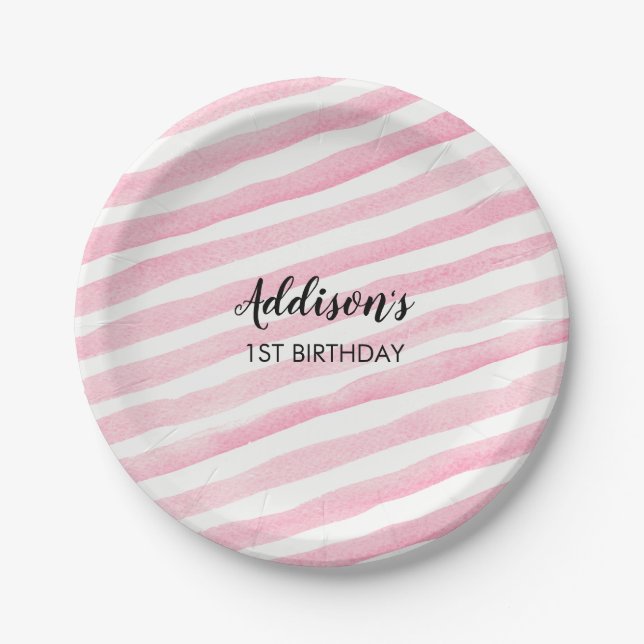 Pink stripe personalized party plates (Front)