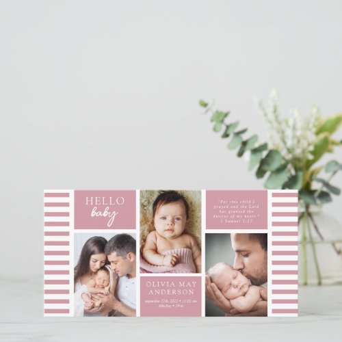 Pink Stripe Photo Collage New Baby Thank You Card