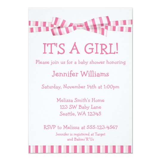 Pink Stripe Ribbon Bow Baby Girl Shower Invitation