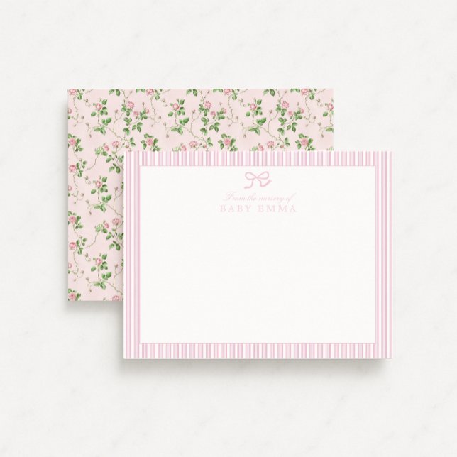 Pink Stripe & Rose Floral Baby Nursery Card (Creator Uploaded)