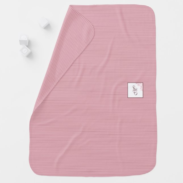 Pink Stripe Rose Lace Initial Script Monogram Baby Blanket (In Situ)
