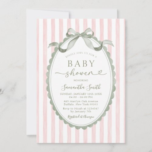 Pink Stripe Sage Green Bow Baby Shower Invitation