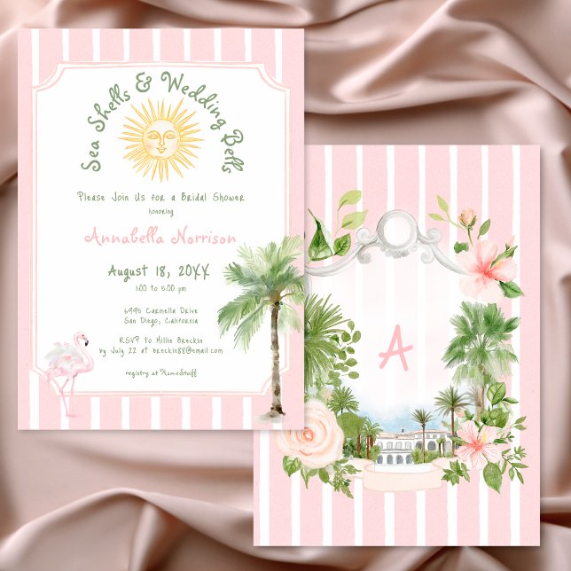 Pink Stripe Shells & Wedding Bells Bridal Shower Invitation (Pink Stripe Shells & Wedding Bells Bridal Shower Invitation)