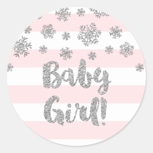 Pink Stripe Silver Snowflake Winter Baby Shower Classic Round Sticker