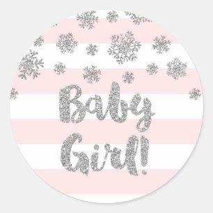 Pink Stripe Silver Snowflake Winter Baby Shower Classic Round Sticker