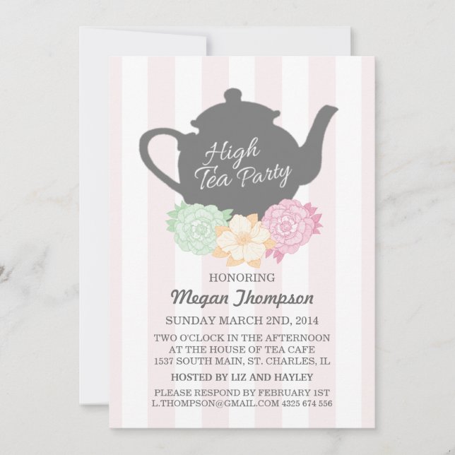 Pink Stripe & Teapot High Tea Invitation (Front)
