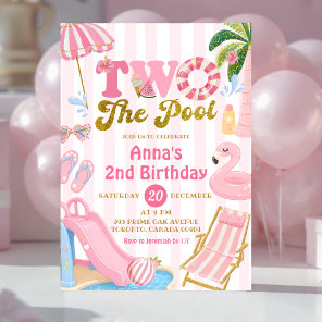 Pink Stripe TWO THE Pool party girl birthday  Invitation