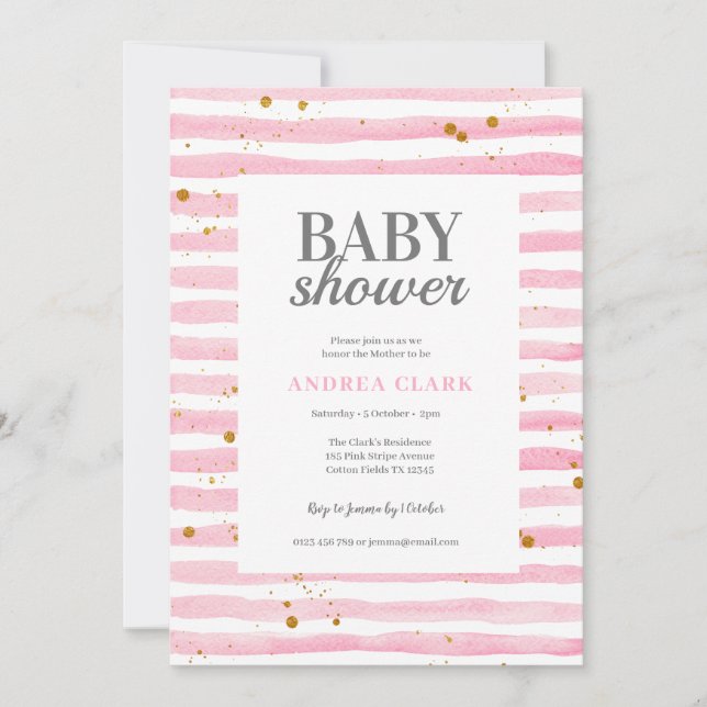 Pink Stripe Watercolor Baby Shower Invitation (Front)