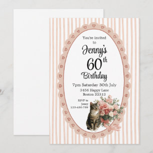 Pink stripe watercolor floral cat birthday invite