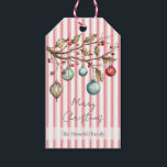 Pink Stripe Watercolor Ornaments Christmas Elegant Gift Tags<br><div class="desc">Elegant watercolor ornaments on holly branches and pink stripes. Double-sided. "Merry Christmas" script typography and family name on the front. Blank space for you to write your recipients name on the back.  Personalize by changing the Christmas text and/or adding your own family name.</div>
