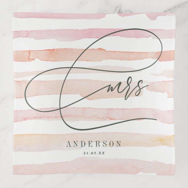 Pink stripe watercolor script text Mrs Trinket Tray (Front)
