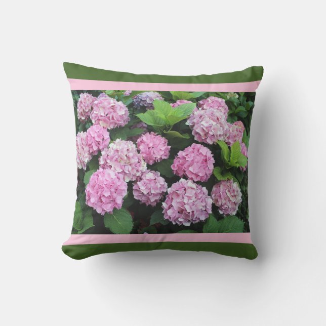 Pink Stripe with Hydrangea Garden Flower Outdoor Pillow (Front)
