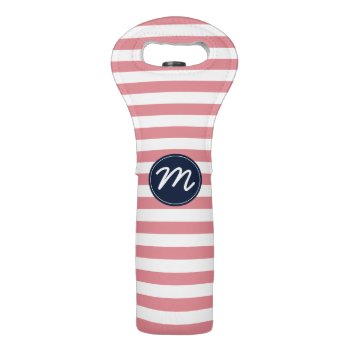 Pink Stripe With Navy Blue Personalized Monogram Wine Bag by StripyStripes at Zazzle