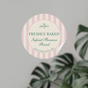 Pink Striped Bakery Logo Freshly Baked Bakery Classic Round Sticker