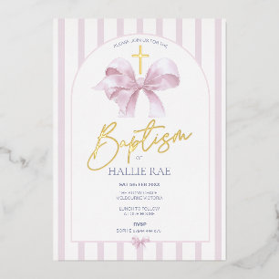 Pink Striped Baptism Invitation Girl Modern Bow Foil Invitation