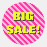 [ Thumbnail: Pink Striped "Big Sale!" Round Sticker ]