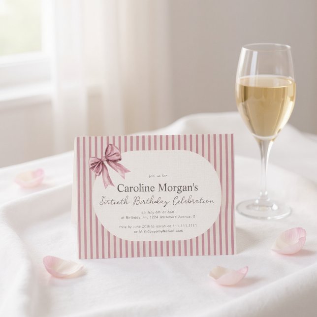 Pink Striped Bow 60th Birthday Celebration  Invitation (Creator Uploaded)