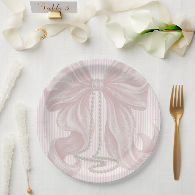 Pink Striped Bow and Pearl Necklace Paper Plates (Wedding)