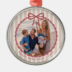 Pink Striped Bow Christmas Photo Metal Ornament