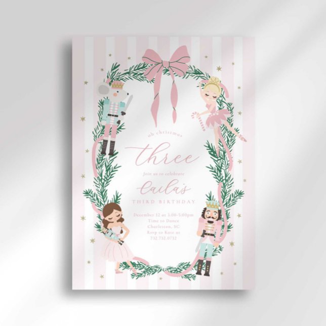 Pink Striped Bow Nutcracker Ballet Third Birthday Invitation (Creator Uploaded)