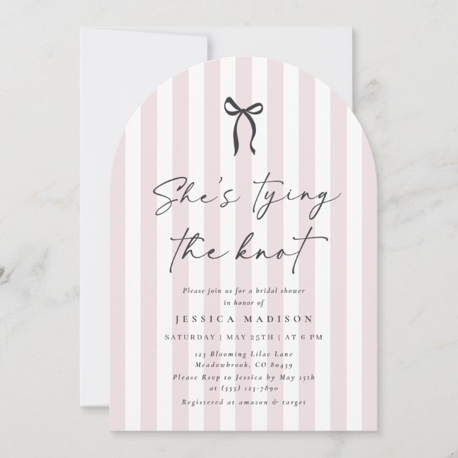 Pink Striped Bow Script Bridal Shower Invitation (Front)