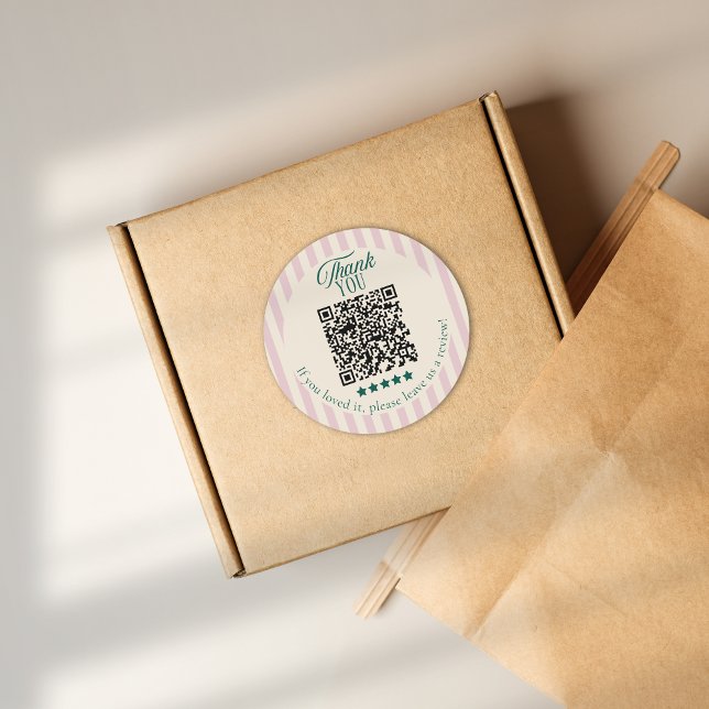 Pink Striped Business Thank You Review QR Code Classic Round Sticker (Creator Uploaded)