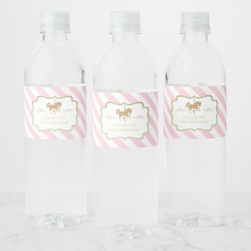 Pink Striped Carousel First Birthday Water Labels