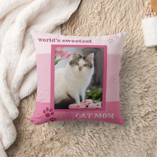 Pink Striped Cat Mom Photo Pillow