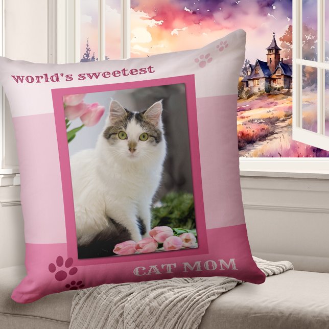 Pink Striped Cat Mom Photo Pillow (A sweet pink striped pillow featuring your own favorite cat photo and cute paw prints)