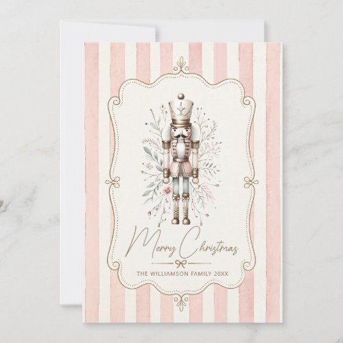 Pink Striped Christmas Card Nutcracker Gold Bow