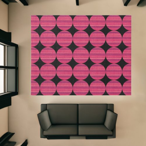 Pink Striped Circle Art on Black Rug Large