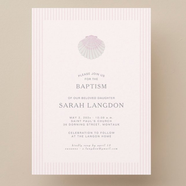 Pink striped coast shell baptism Invitation (Creator Uploaded)