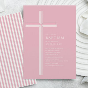 Pink Striped Cross Baptism  Invitation