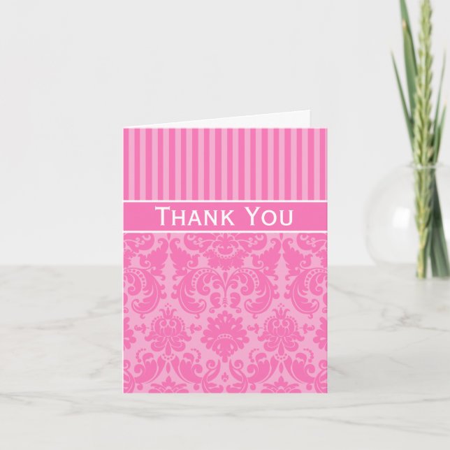 Pink Striped Damask Thank You Note Card (Front)