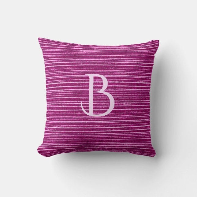 Pink Striped Fabric Texture Girly Custom Monogram Throw Pillow (Front)