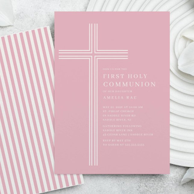 Pink Striped First Communion Invitation (Creator Uploaded)