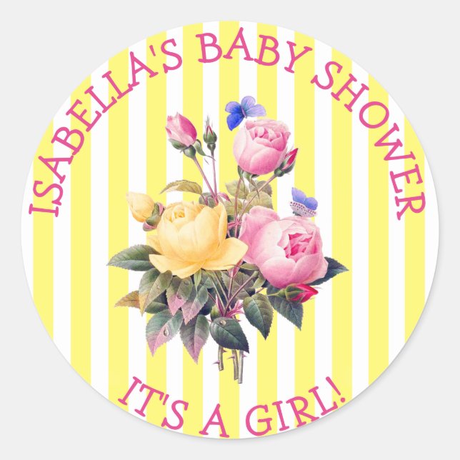 PInk Striped Floral Chic Baby Shower Sitckers Classic Round Sticker (Front)