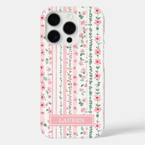 Pink Striped Floral Personalized iPhone 16 Pro Case