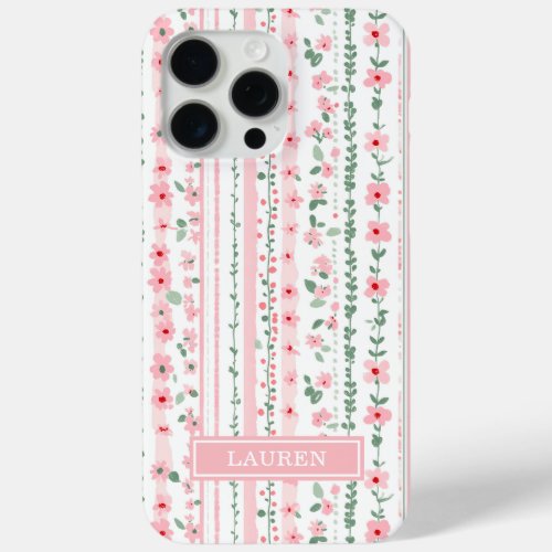 Pink Striped Floral Personalized iPhone 15 Pro Max Case