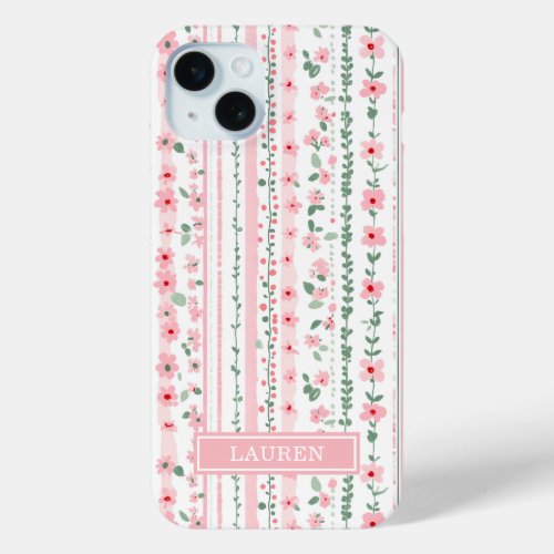 Pink Striped Floral Personalized iPhone 15 Plus Case