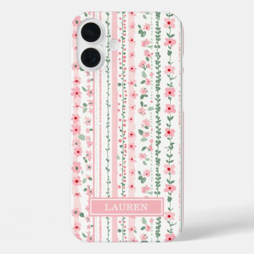 Pink Striped Floral Personalized iPhone 16 Plus Case