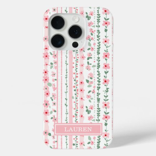 Pink Striped Floral Personalized iPhone 15 Pro Case