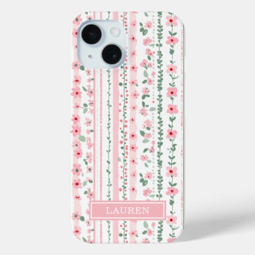 Pink Striped Floral Personalized iPhone 15 Case